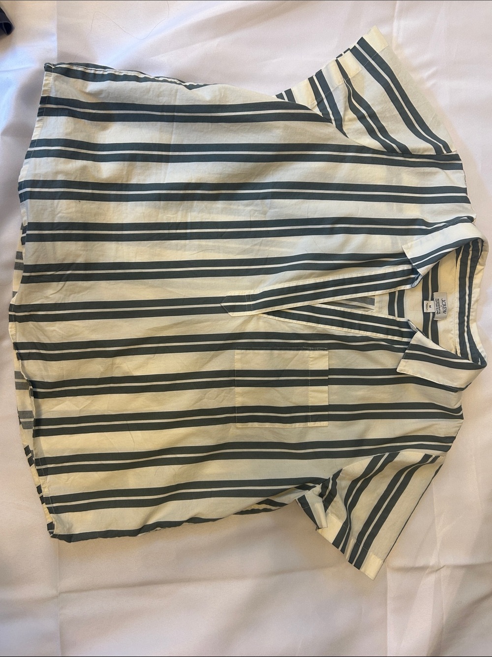 J. Crew Cream and Dark Green Striped Short-Sleeve Shirt